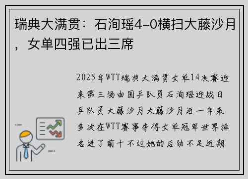 瑞典大满贯：石洵瑶4-0横扫大藤沙月，女单四强已出三席
