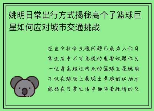 姚明日常出行方式揭秘高个子篮球巨星如何应对城市交通挑战